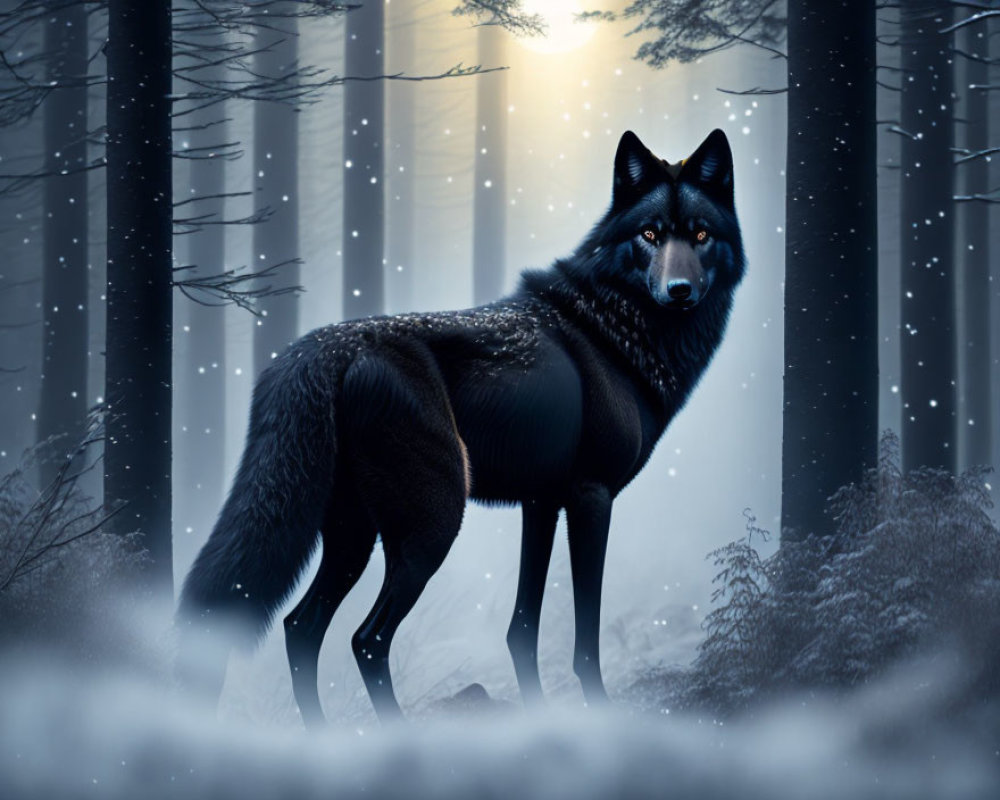 black wolf in a dark misty moonlit forest