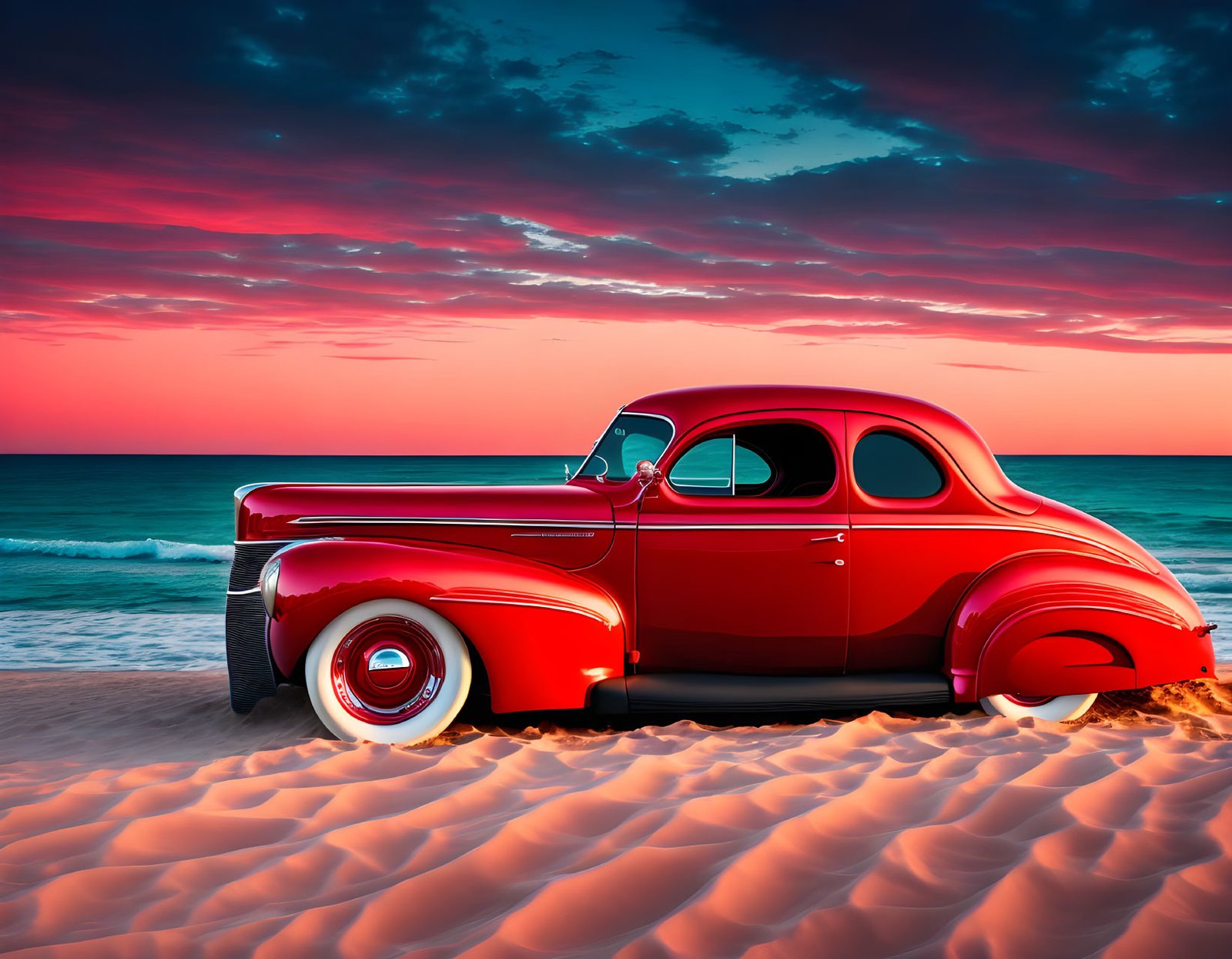 a Candy Apple RED 1940 Ford Coup, on a Beach at sunset