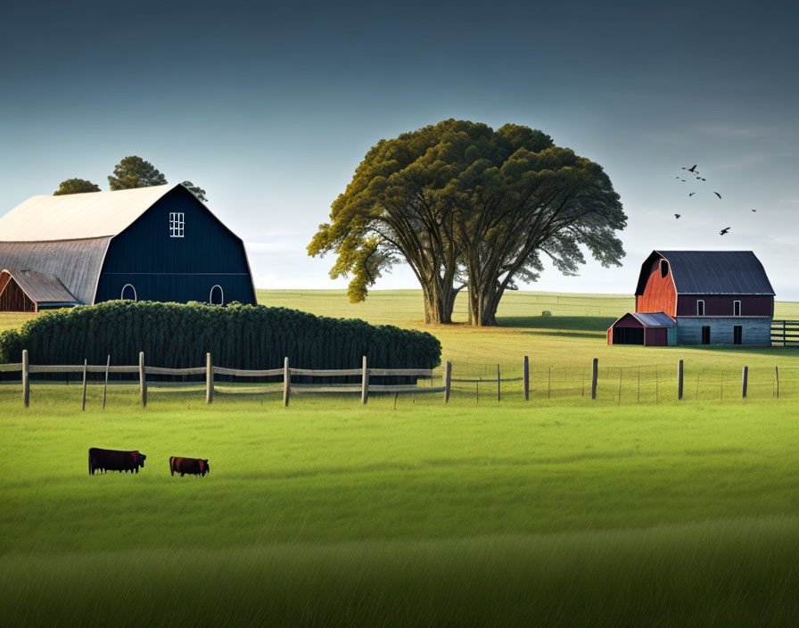 cow, farm, trees, barn