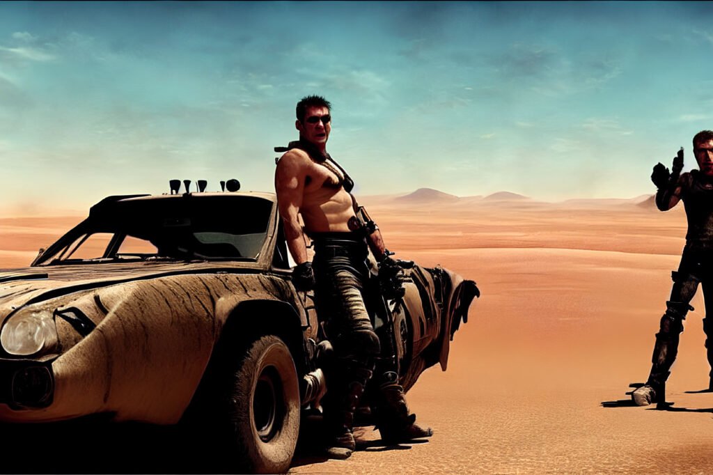 Mad Max against the backdrop of a nuclear desert with his sports post-apocalyptic sports car