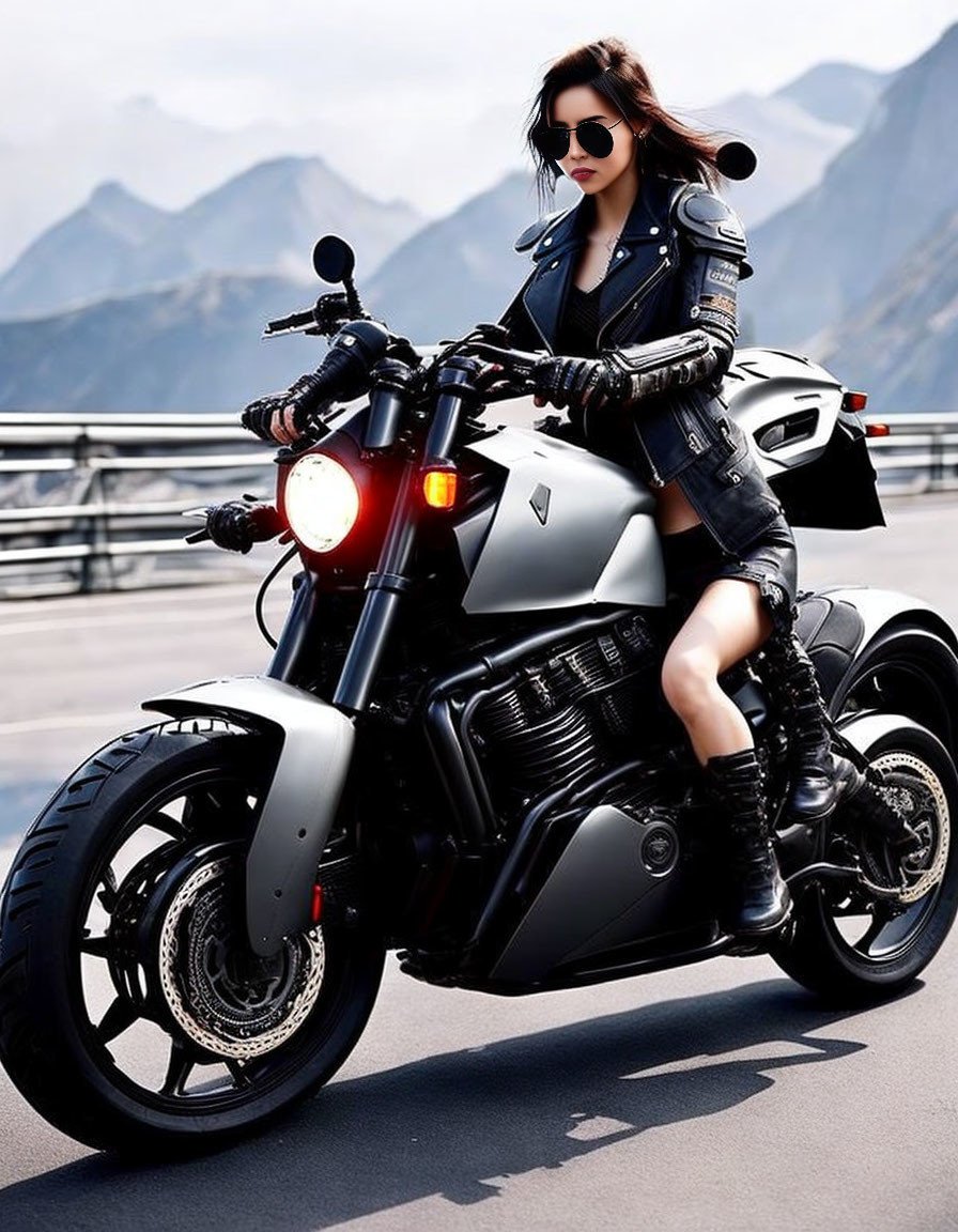 A girl with a motorcycle, leather jacket, cyberpunk street.
