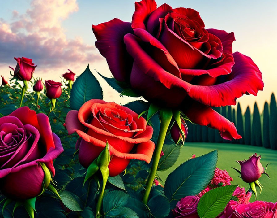 A colorful rose garden. A garden full of red roses.