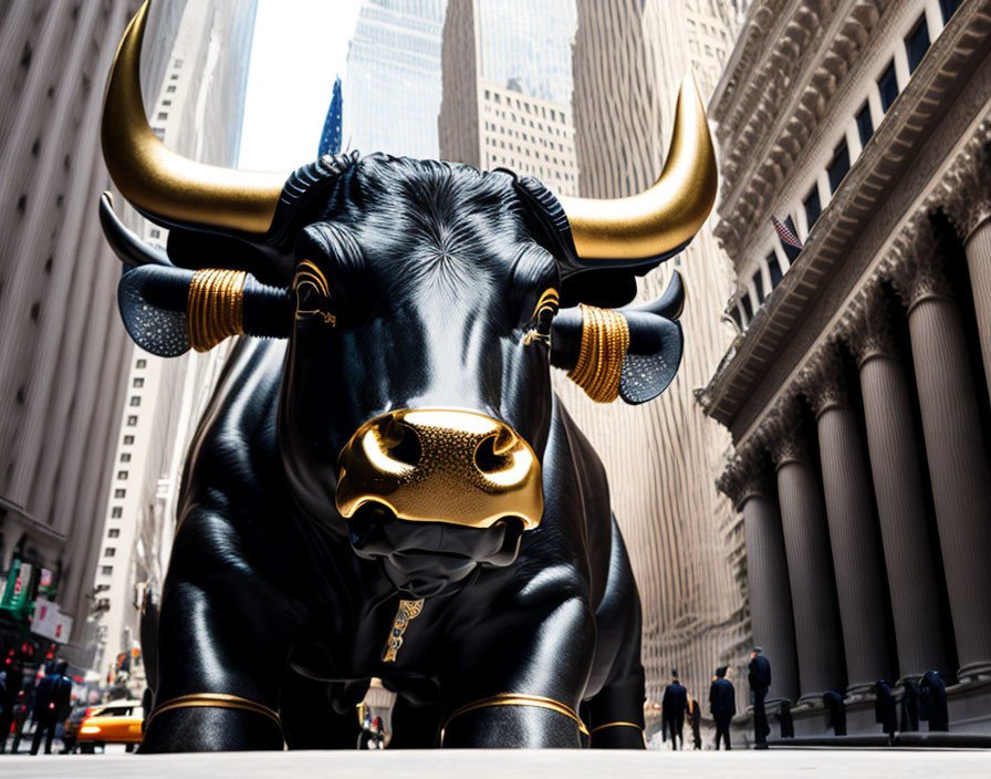 Wall Street bull. wide angle view