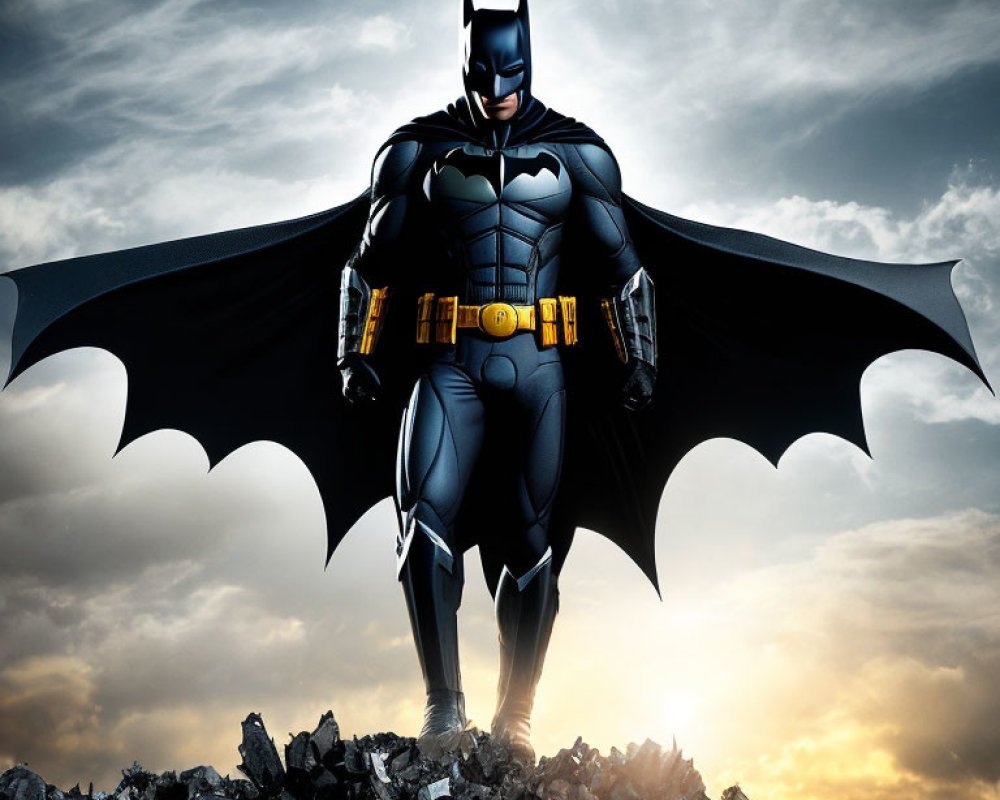 Batman standing on a hill in his black suit. In a Todd McFarlane drawing style. Batman cape flowing in the wind and with the Batman yellow logo showing on the black/deep blue background