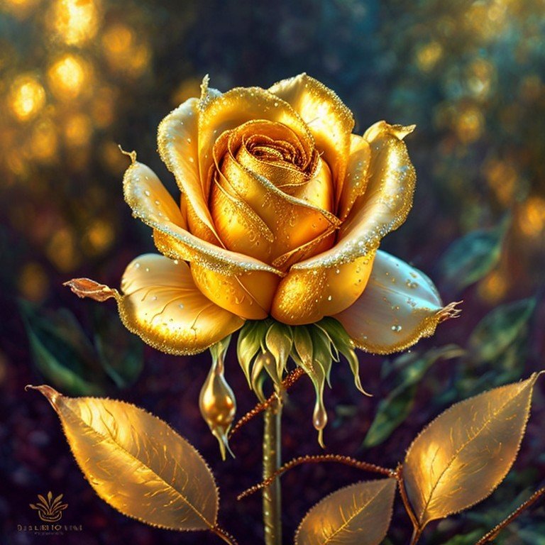 golden rose with white leaves, digital painting, elegant, beautiful, high detail, acrylic art.