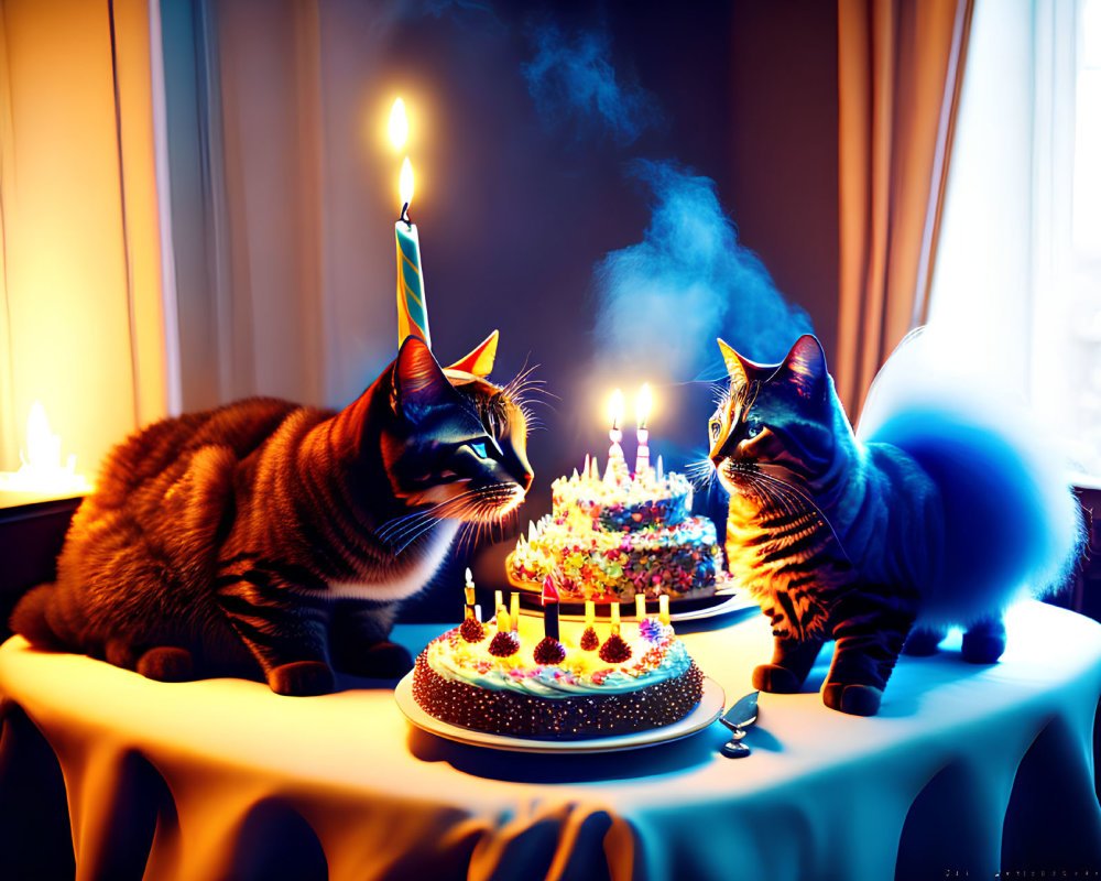 elaborate birthday party food and a cake lots of candles on a table surrounded by fluffy cats blowing them out