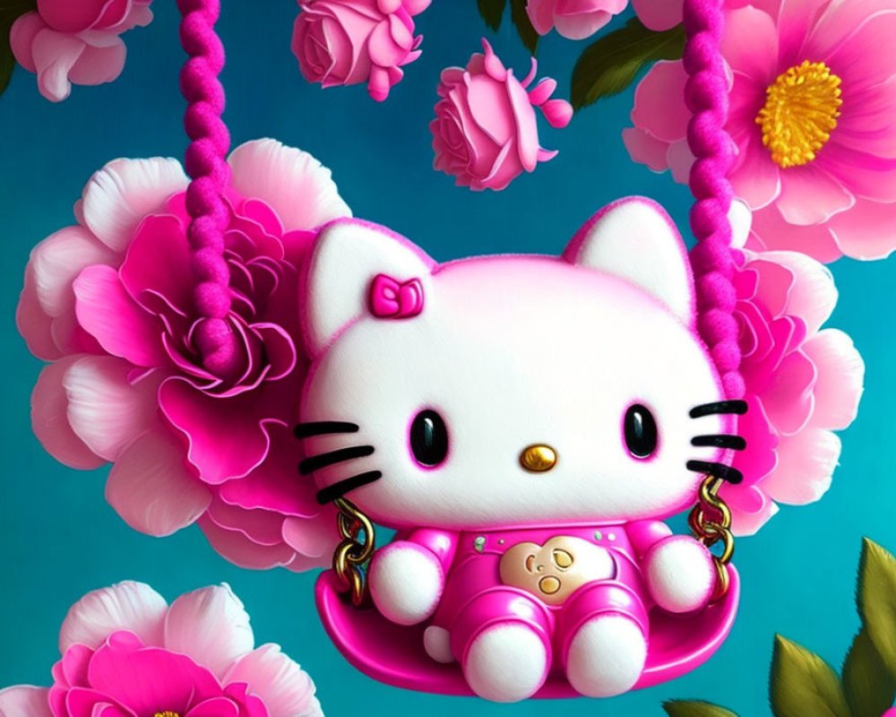 hello kitty on a swing with pink flowers