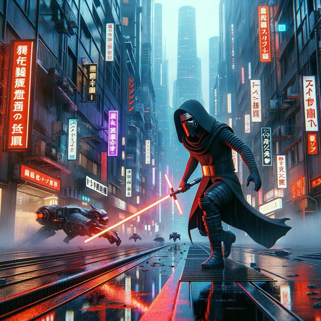 Kylo Ren walking in a cyberpunk city, Japanese neon signs background.