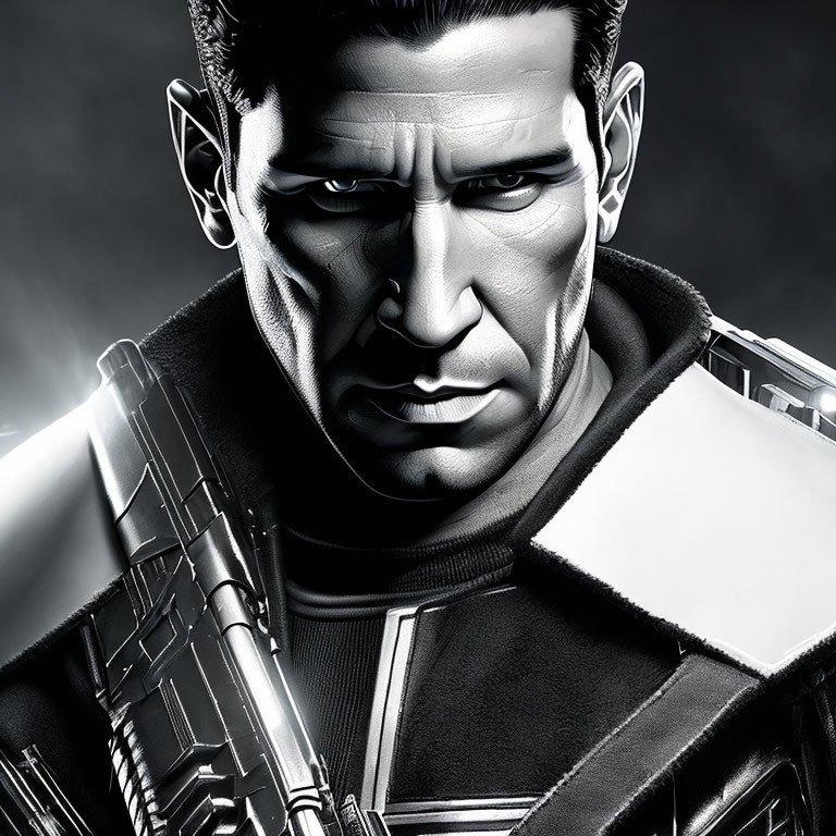 3D black and white detailed picture of The Punisher with the Punisher logo on his chest and with his weapons ready to fire. Style of Jon Bernthal. Volumetric lighting and colors