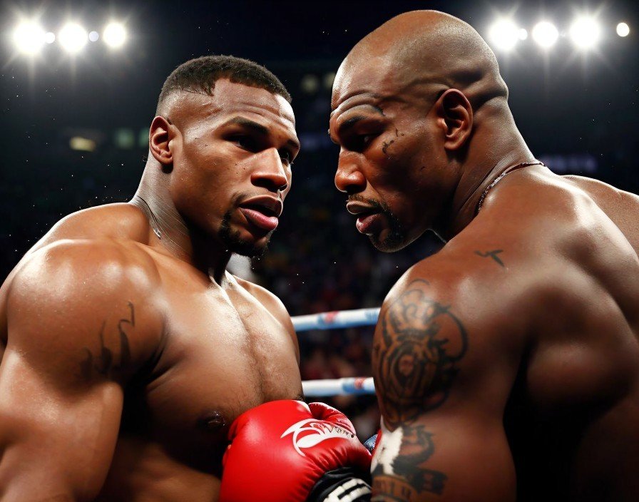 A match between famous American boxer Floyd Mayweather and a middle-aged Mike Tyson.