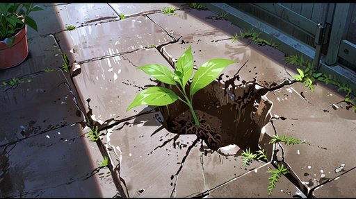 Anime A Plant Breaking Through Concrete Showing The Crack It C