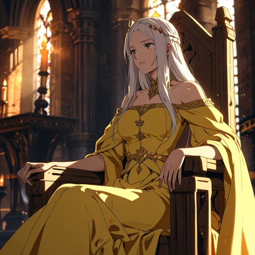 Anime A Woman With Long White Hair And Bright Yellow Eyes In G