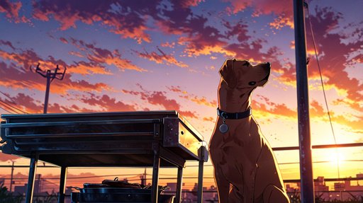 Anime Grill With Dog At Sunset