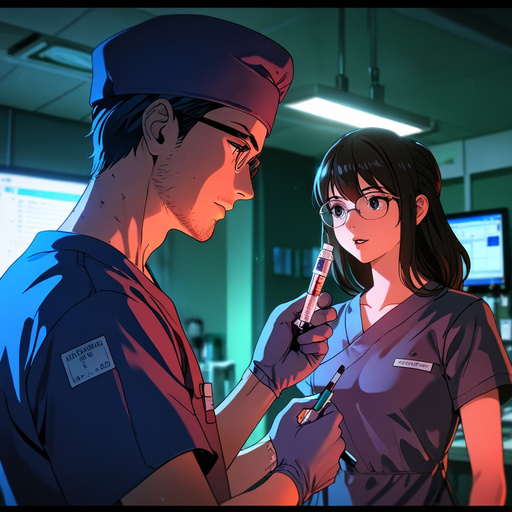 Anime Male Anesthetist With Spectacles Holding Propfol Syringe