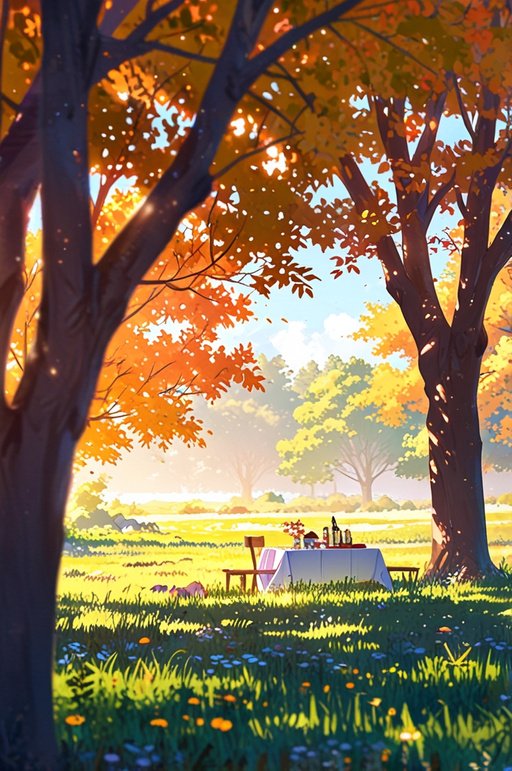 Anime Picnic Background In Flower Meadow During Autumn Afterno