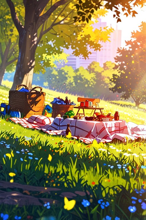 Anime Picnic Background In Flower Meadow During Autumn Afterno