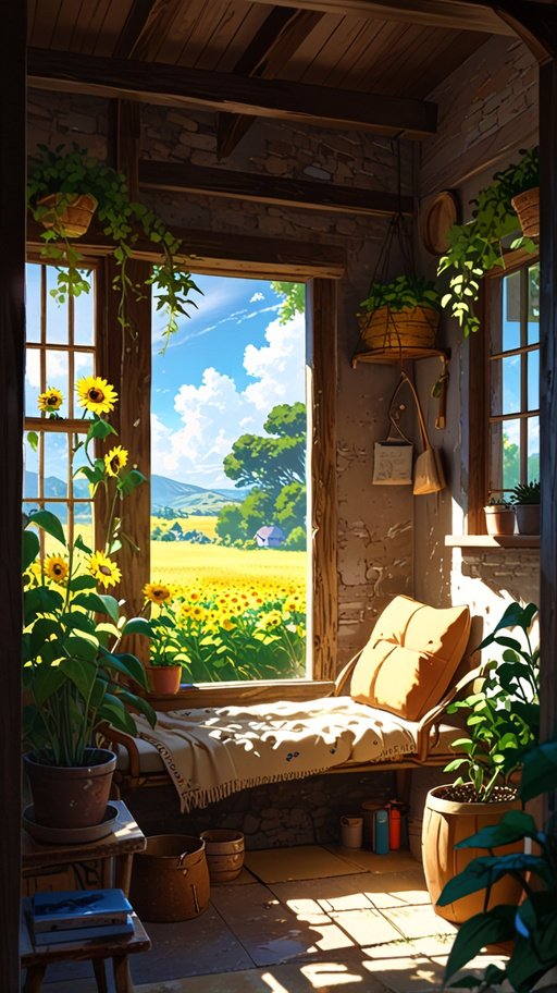 Anime Sunflower Cottage On The Edge Of A Small Rural Village A