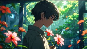 Anime Um Homem Olhando Para Lugar Bonito Em Um Ramo De Flores