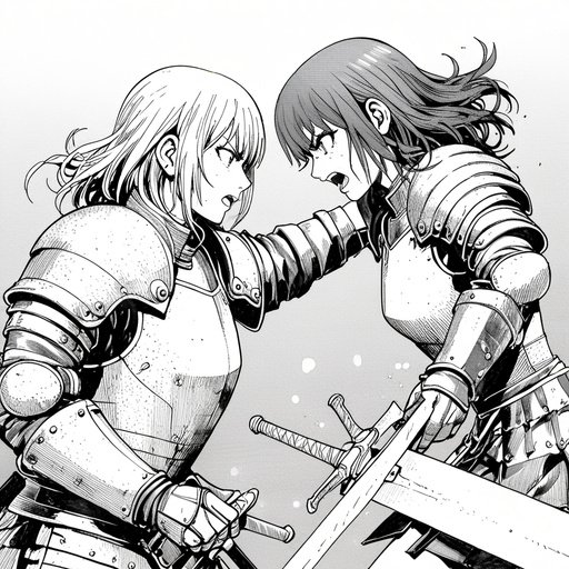 Anime A Fight Between Two Female Knight Their Sword Pushing Ag