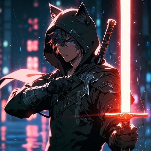 Anime A Man With A Halfopen Hood With Cat Ears Stands With A M