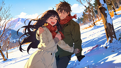 Anime Man And Woman Sunny Day Snowy Landscape