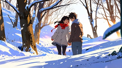 Anime Man And Woman Sunny Day Snowy Landscape