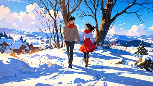 Anime Man And Woman Sunny Day Snowy Landscape