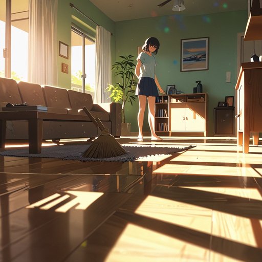 Anime Sweeping The Floor In The Living Room