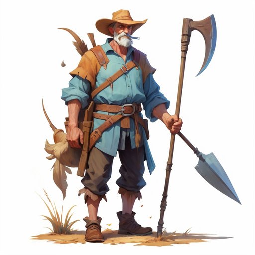 Concept Art A Poor Farmer Wearing Farming Clothes Holding A Sp