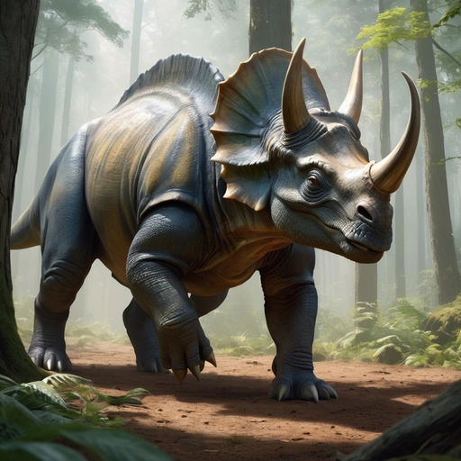 Concept Art Triceratops Con Hacha En Un Bosque Frondose