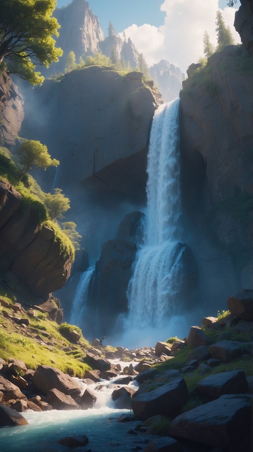 Concept Art Waterfall In A Mountain Pixar Style