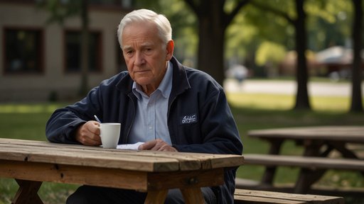 A Canadian Senior Man Sitting At A Picnic Table Examin