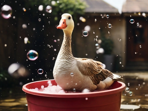 A Goose Sat In A Bucket With Soap Bubbles Everywhere