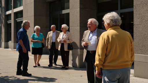 A Group Of Canadian Seniors Chatting Outside A State P