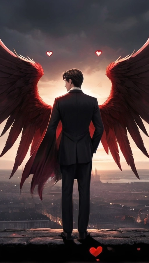 A Handsome Man With Wings Facing The Town In The Backg