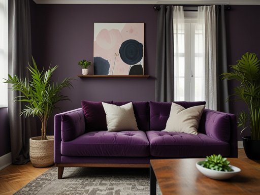 A Living Room With A Purple Couch And A Plant In The C