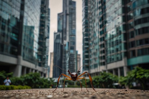 A Vey Big Ant Walking Between Sky Scrapers