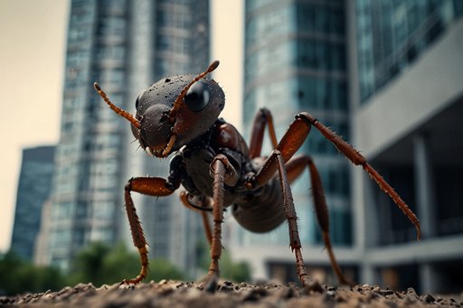 A Vey Big Ant Walking Between Sky Scrapers