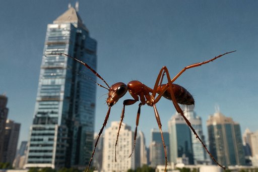 A Vey Big Ant Walking Between Sky Scrapers