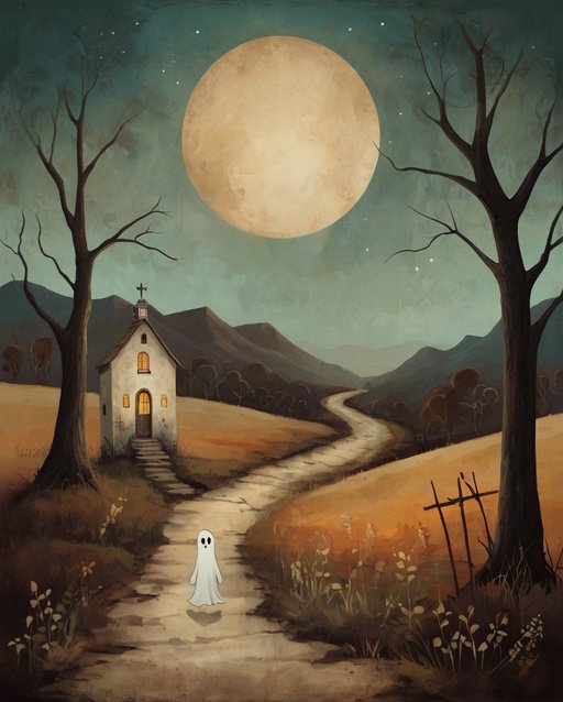 A Vintage Looking Landscape Painting With A Cute Ghost