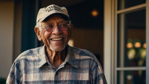 An Elderly Man With A Veterans Cap Proud And Relieved