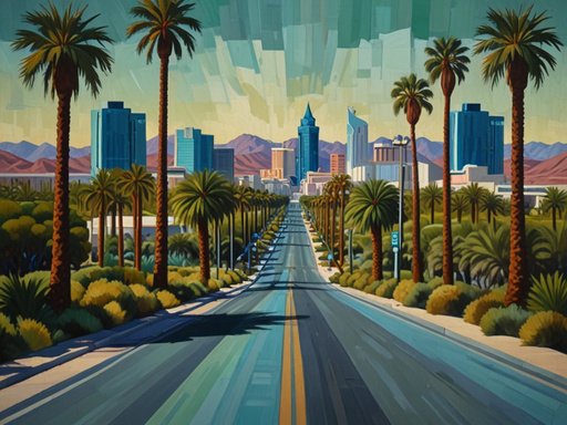 Cubist Painting Of Las Vegas On A Straight Road With P