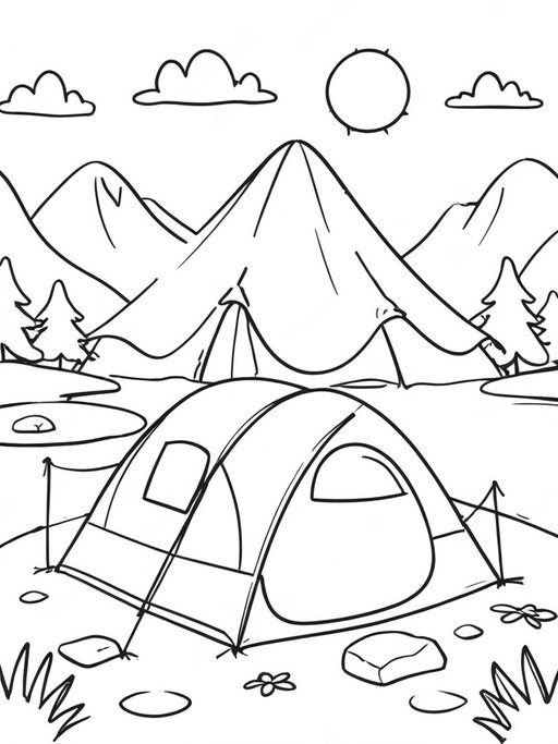 Draw A Camping Tent Near A Lake With Les Papillons And