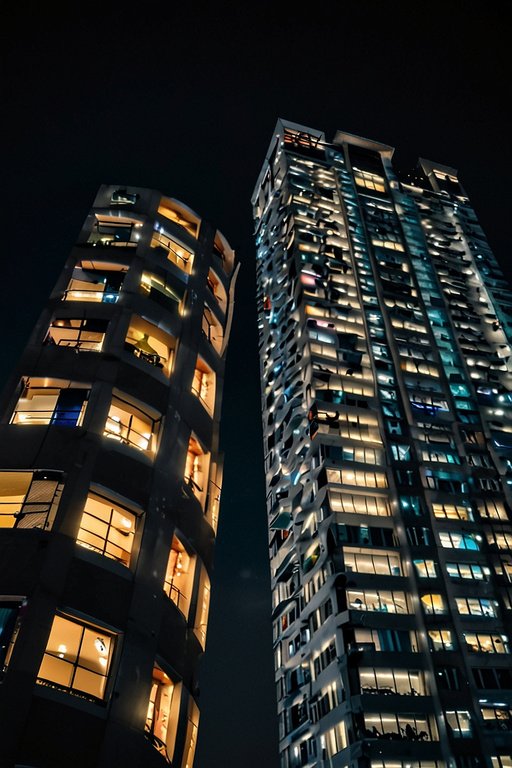 Flying Plane Between Buildings At Night