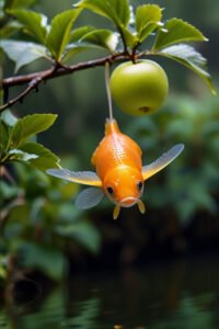 Goldfish Eating Apple On The Tree