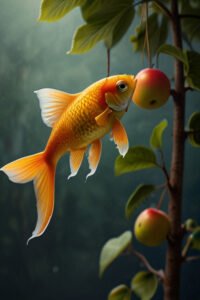 Goldfish Eating Apple On The Tree