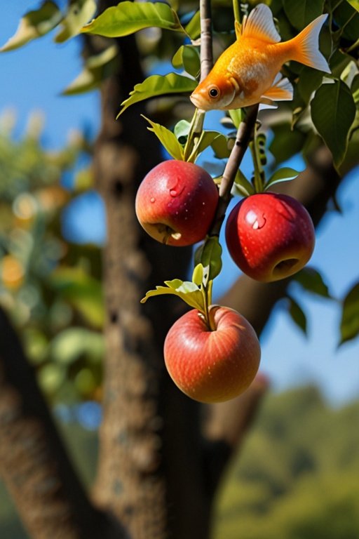 Goldfish Eating Apple On The Tree