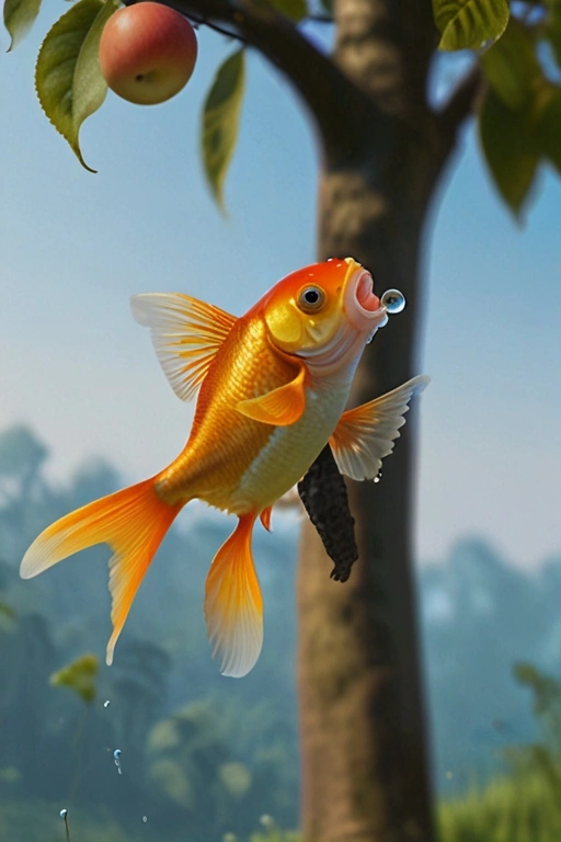 Goldfish Eating Apple On The Tree