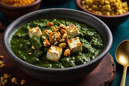 Palak Paneer With A Garnish Of Crushed Nuts