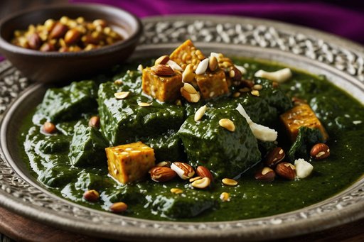 Palak Paneer With A Garnish Of Crushed Nuts